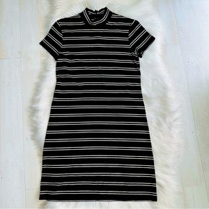 DKNY Jeans 1990 Vintage Black Striped Mock Neck Mod Dress, Small